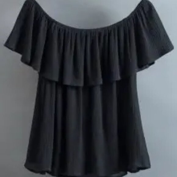 Prosperity Floral embroidered Ruffle black off-shoulder Top Boho Size Med - Picture 5 of 9